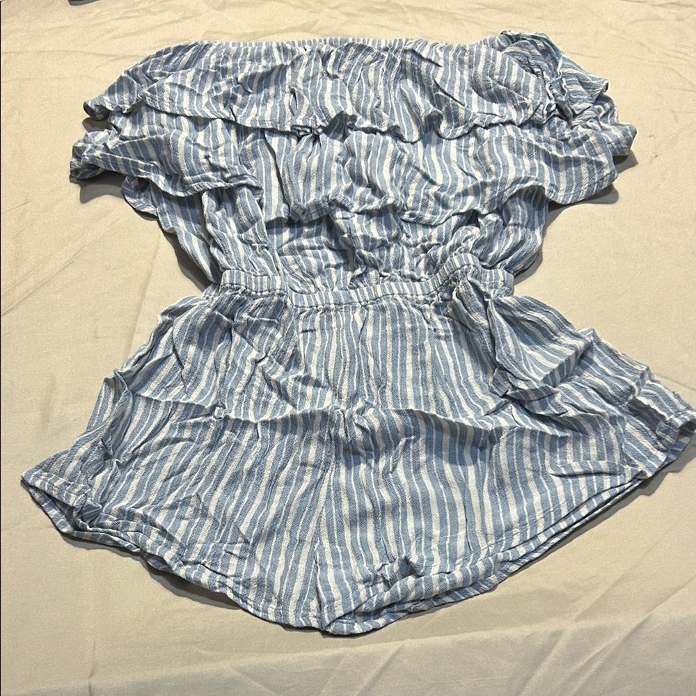 Billabong Blue and White Off-Shoulder Romper